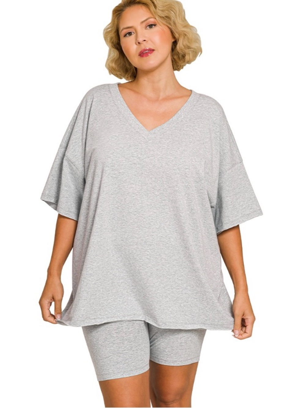 PLUS COTTON V-NECK TOP & BIKER SHORTS SET